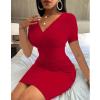 NineFit Basics Women's Elegant Deep V Neck Dress Long Sleeve Ribbed Short Skater Dress Wrap Midi Knit Bodycon Sweater Mini Dresses (Large,Red) view 2