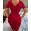 NineFit Basics Women's Elegant Deep V Neck Dress Long Sleeve Ribbed Short Skater Dress Wrap Midi Knit Bodycon Sweater Mini Dresses (Large,Red) view 3