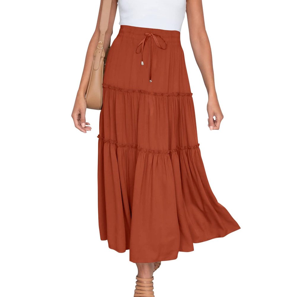 Women's Boho Long Skirts Summer Elastic High Waist A-Line Pleated Flowy Ruffle Hem Swing Beach Holiday Maxi Skirt Orange