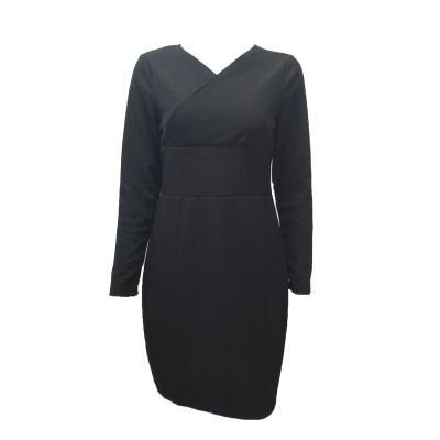 Women's Elegant Deep V Neck Dress Long Sleeve Ribbed Short Skater Dress Wrap Midi Knit Bodycon Sweater Mini Dresses (Medium,Black)
