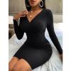 Women's Elegant Deep V Neck Dress Long Sleeve Ribbed Short Skater Dress Wrap Midi Knit Bodycon Sweater Mini Dresses (Medium,Black) view 2