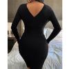 Women's Elegant Deep V Neck Dress Long Sleeve Ribbed Short Skater Dress Wrap Midi Knit Bodycon Sweater Mini Dresses (Medium,Black) view 3