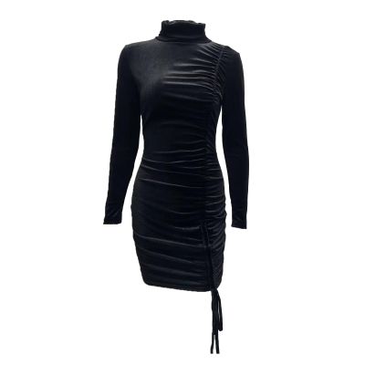 Women's Long Sleeve Velvet Maxi Dress Side Asymmetrical High Collar Bodycon Dress Sexy Ruched Cocktail Evening Dress (Large,Black)