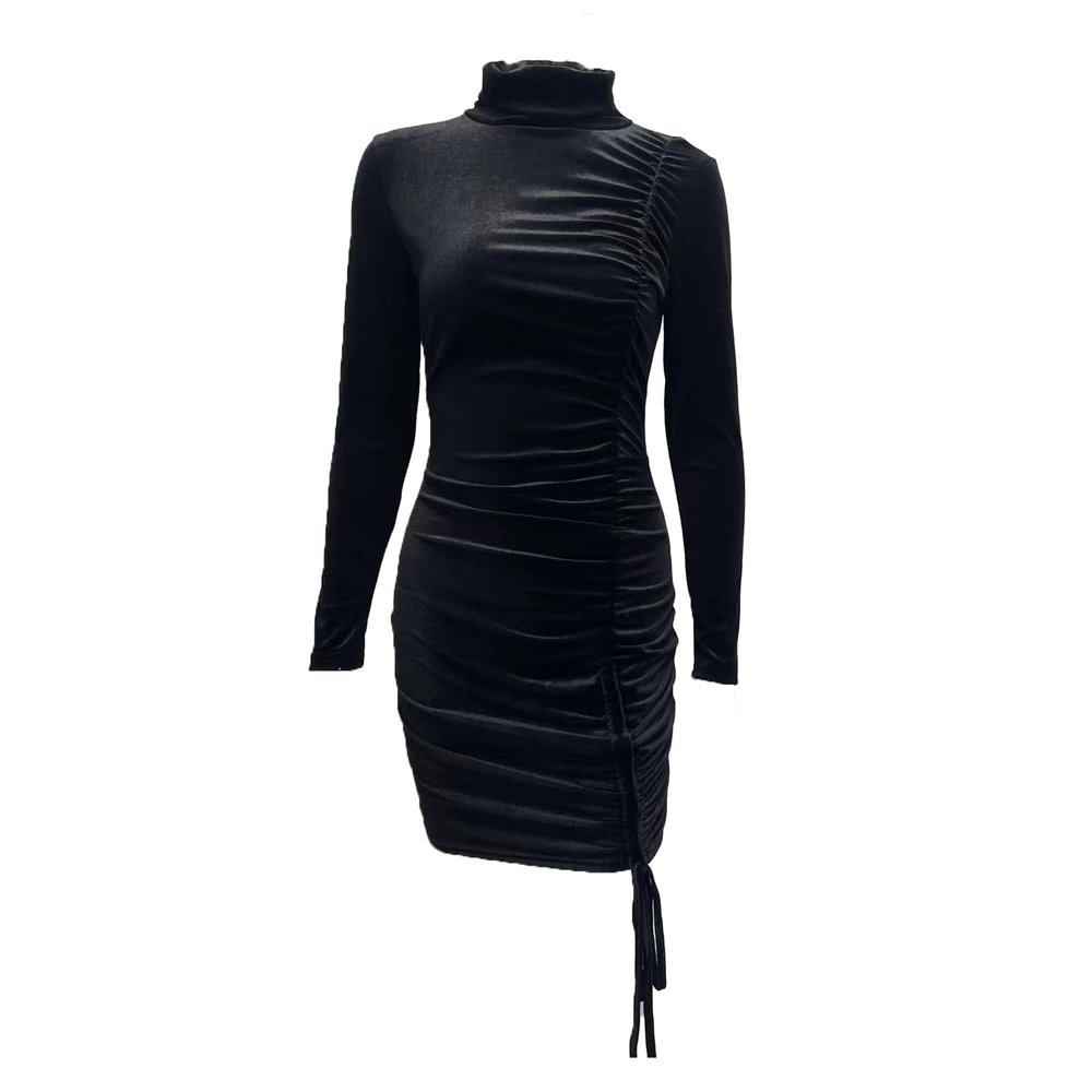 Women's Long Sleeve Velvet Maxi Dress Side Asymmetrical High Collar Bodycon Dress Sexy Ruched Cocktail Evening Dress (Large,Black)