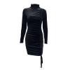 Women's Long Sleeve Velvet Maxi Dress Side Asymmetrical High Collar Bodycon Dress Sexy Ruched Cocktail Evening Dress (Large,Black) view 1