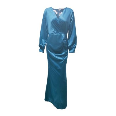 NineFit Basics Women's Deep V Neck Long Dresses Long Sleeve Ruched Maxi Dress Formal Cocktail Party Fishtail Bodycon Dress (3X-Large,Blue)