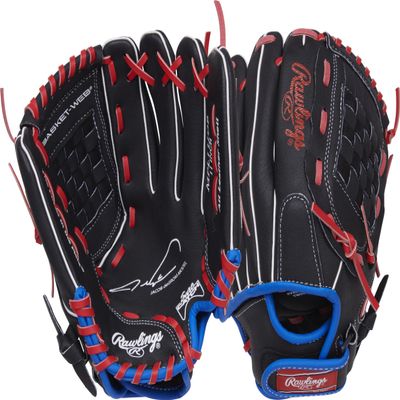 Rawlings | Mark of A PRO LITE Youth Baseball Glove | Right Hand Throw | 11" - Basket Web | Jacob deGrom Model - Black/Red/Blue