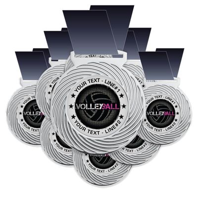10 Pack Volleyball Award Medal, Customizable, Specify YOUR CUSTOM TEXT with our volleyball award medallion. Large 3-1/8W x 3-1/2H quality medal from heavy metal alloys. Printed packaged USA