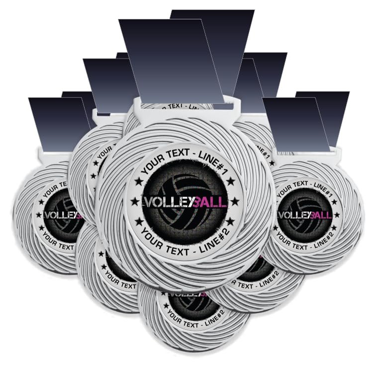 10 Pack Volleyball Award Medal, Customizable, Specify YOUR CUSTOM TEXT with our volleyball award medallion. Large 3-1/8W x 3-1/2H quality medal from heavy metal alloys. Printed packaged USA