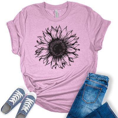 GyftWear Women's T Shirts Short Sleeve Tees Sunflower Graphic Loose Summer Tops, X-Large, Za - Heather Prism Lilac