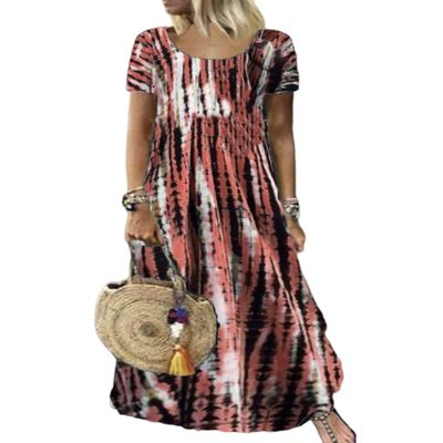 TIAFORD Womens Casual Plus Size Tie Dye Crewneck Maxi Dresses Short Sleeve Soft Boho Loose Swing Beach Long Dress Red