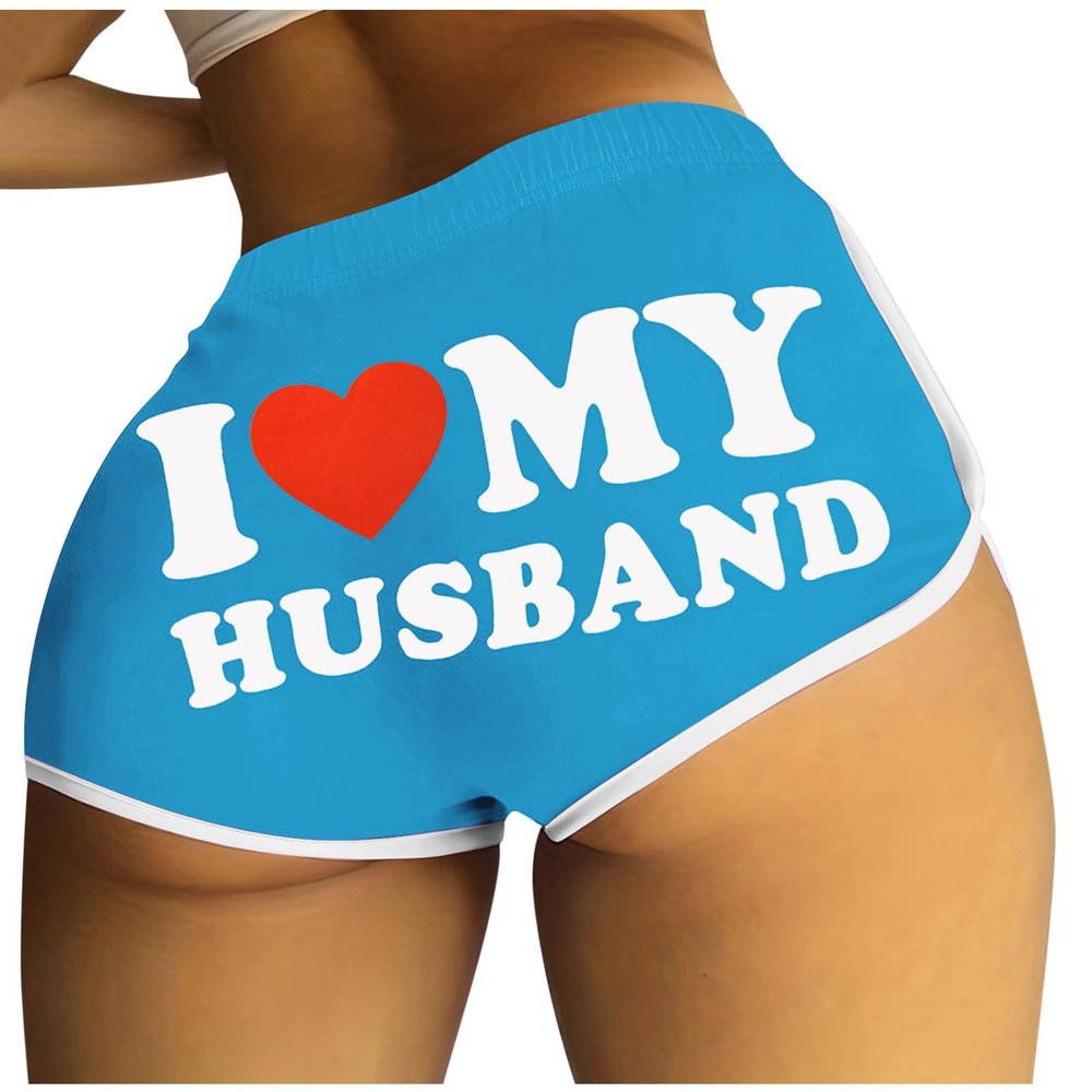 I Love My Husband Booty Shorts, Womens Sexy Naughty Yoga Sport Workout Hot Pants, Elastic Waist Athletic Lounge Briefs