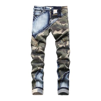 Mens Patchwork Camouflage Jeans Straight Patches Biker Denim Pants Relaxed Fit Vintage Pocketed Jean (Blue,30)