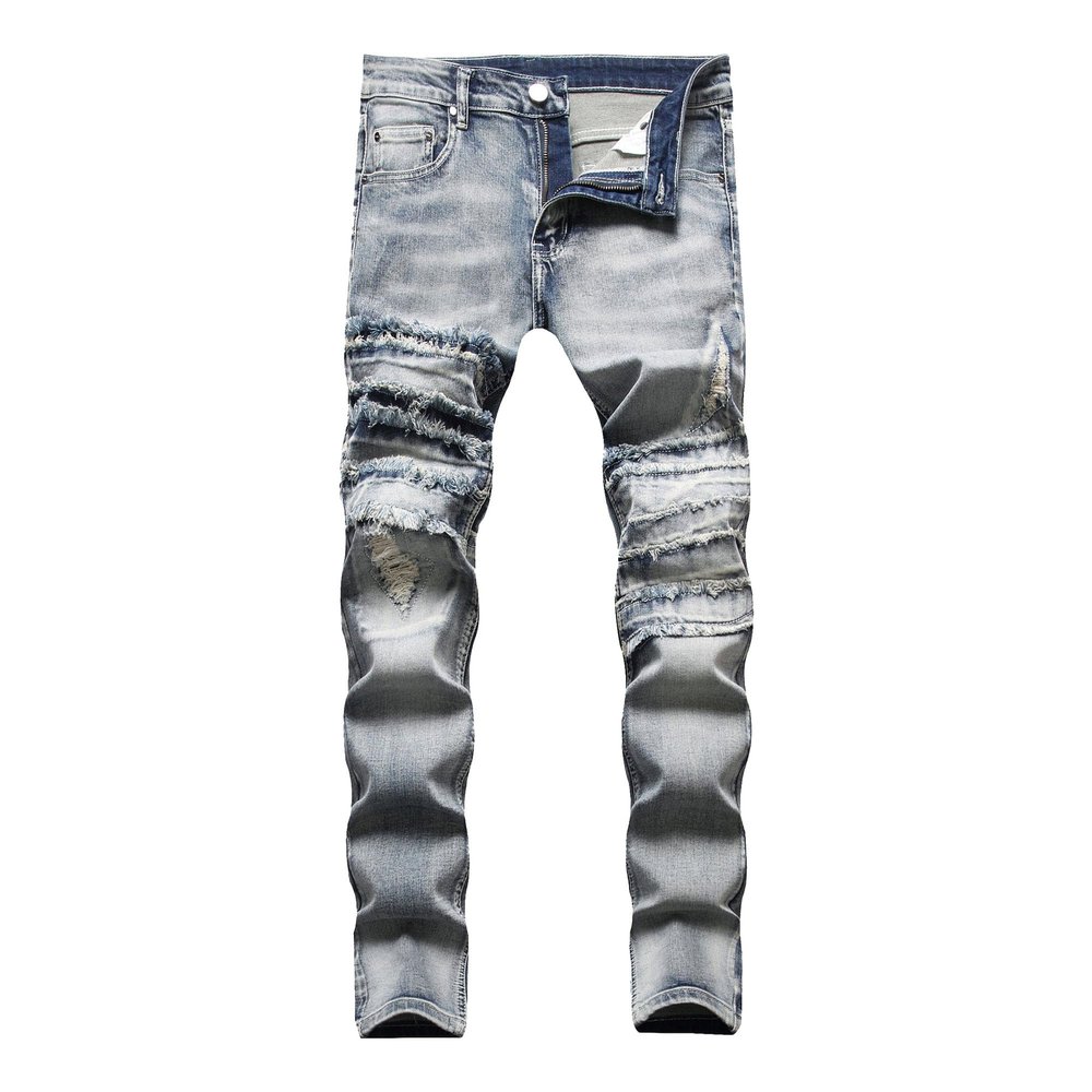 SWJGLITTR Mens Patchwork Distressed Jeans Zipper Ripped Slim Denim Trousers Straight Fit Moto Biker Jean (Blue,31)