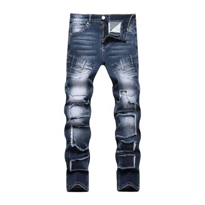 Men's Patched Casual Jeans Cargo Distressed with Patches Jean Biker Ripped Straight Denim Pants (Dark Blue,30)