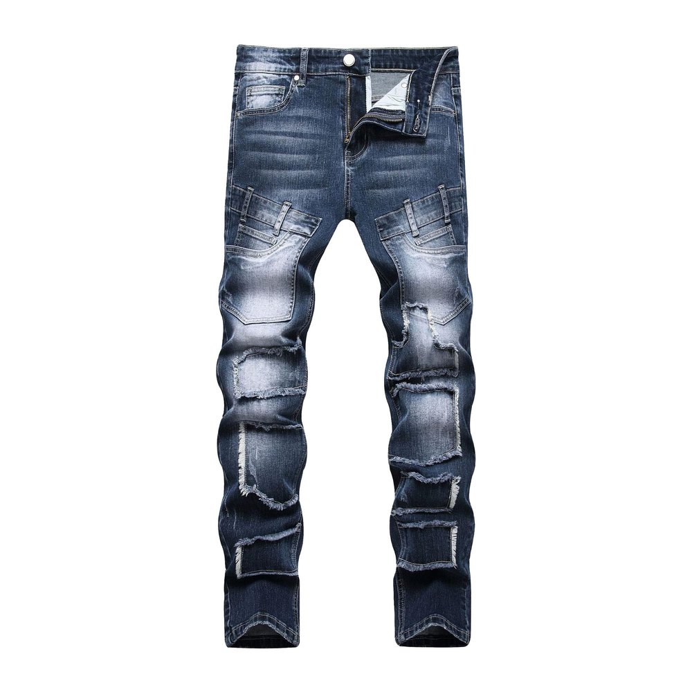 Men's Patched Casual Jeans Cargo Distressed with Patches Jean Biker Ripped Straight Denim Pants (Dark Blue,30)