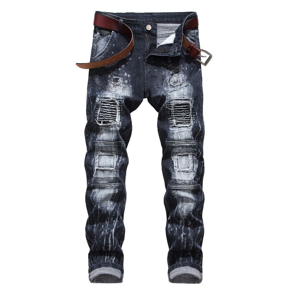 SWJGLITTR Men's Straight Patchwork Jeans Slim Fit Distressed Denim Pants Biker Streetwear Destroyed Ripped Jean (Black 2,28)