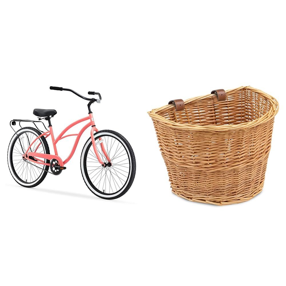 sixthreezero Around The Block Women's Beach Cruiser Bike Bundle with ProsourceFit Wicker Basket for Most Bikes