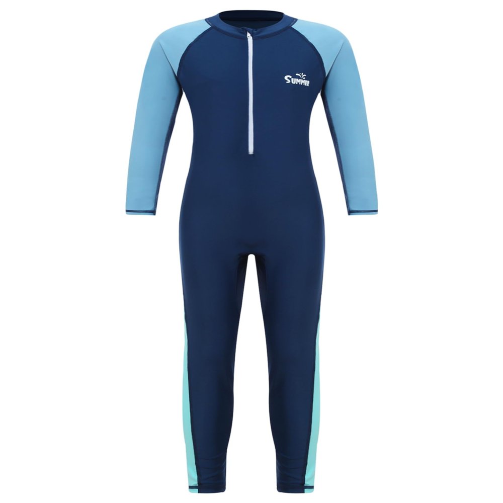 Eandarui Kids Girls Boys Full Body One Piece Swimsuit Long Sleeve Front Zipper Rash Guard Surfing Wetsuit Navy 5-6 Years