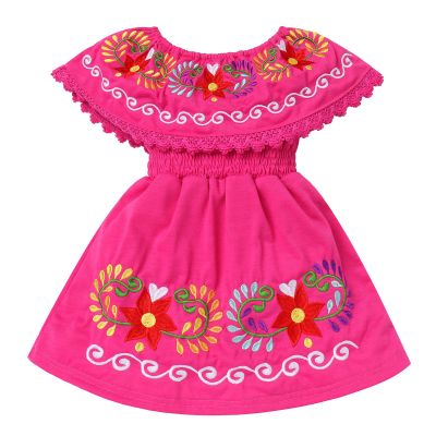 ABEHIK Toddler Girls Traditional Embroidered Mexican Dress Floral Boho Dresses Mexican Folklorico Dress Baby Kids Cinco de Mayo Fiesta Birthday Party Spring Summer Dresses Hot Pink 2-3 Years