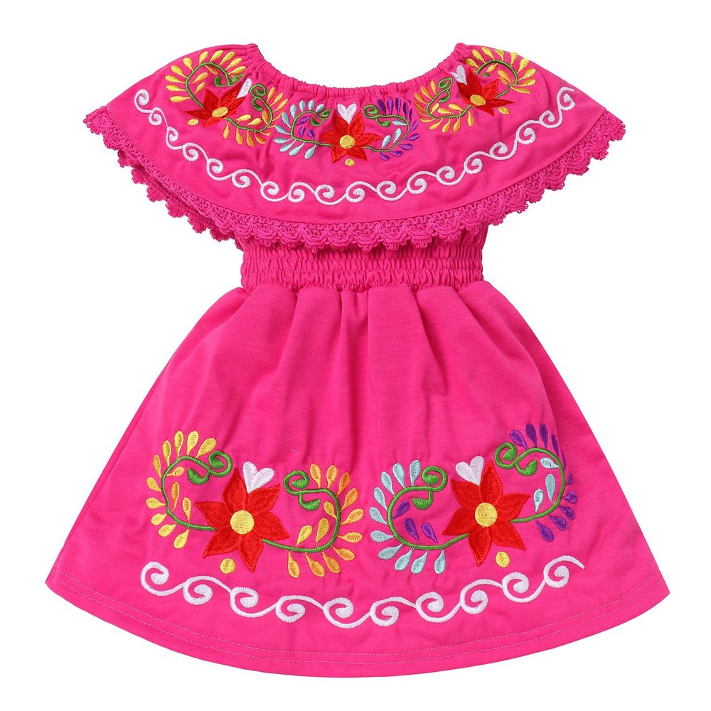 ABEHIK Toddler Girls Traditional Embroidered Mexican Dress Floral Boho Dresses Mexican Folklorico Dress Baby Kids Cinco de Mayo Fiesta Birthday Party Spring Summer Dresses Hot Pink 2-3 Years