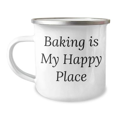 Baking Is My Happy Place Mug | Stainless Steel 12oz Camping Mug with Enamel Finish | Funny Baking Gift Idea for Father's Day from Daughter | Encouraging Gifts for Bakers