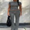 ZFLM Casual Workout Two Piece Outfits for Women Short Sleeve Crop High Waist Foldover Flare Pants Tracksuit Sets Streetwear view 2