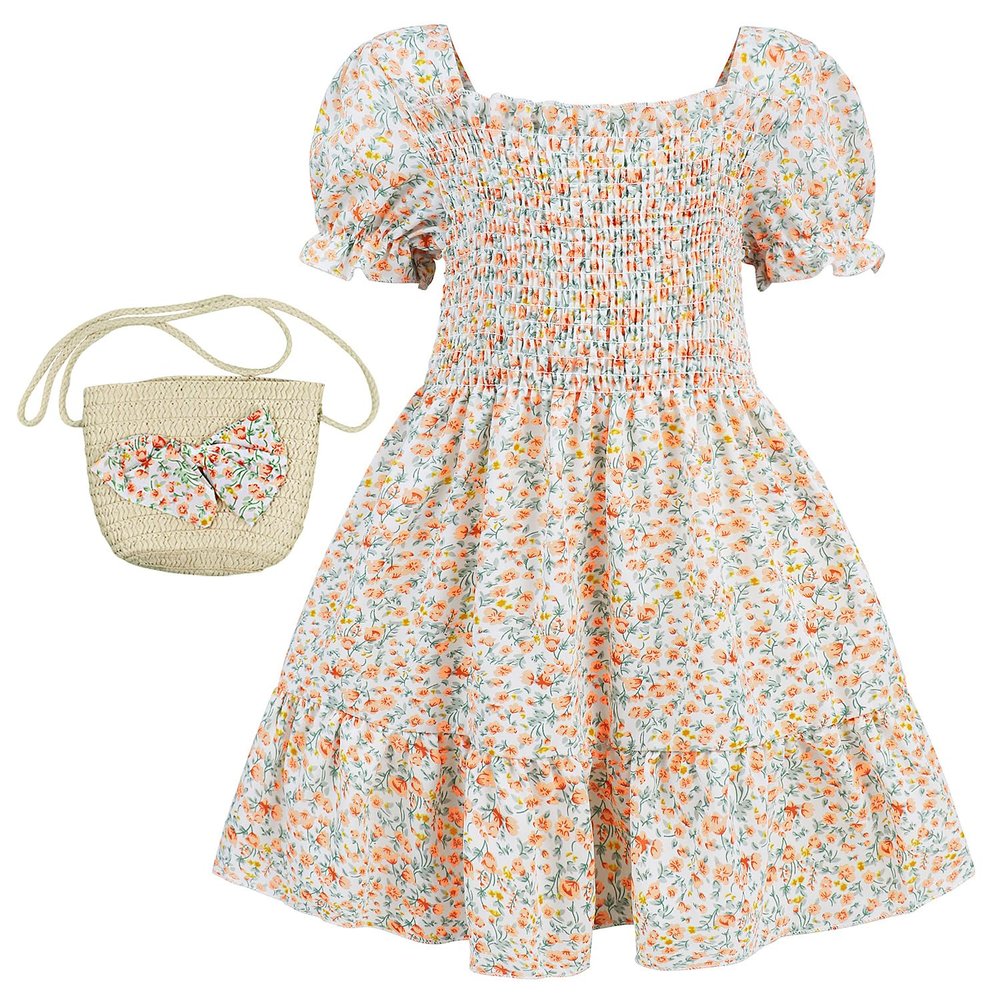 AGQT Toddler Girls Floral Dress Square Neck Puff Sleeve A-Line Smocked Dress with Bag Toddler Girls Summer Dress Baby Girls Tutu Dress Orange Size 3-4T