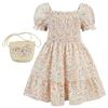 AGQT Toddler Girls Floral Dress Square Neck Puff Sleeve A-Line Smocked Dress with Bag Toddler Girls Summer Dress Baby Girls Tutu Dress Orange Size 3-4T view 1
