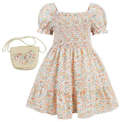 AGQT Toddler Girls Floral Dress Square Neck Puff Sleeve A-Line Smocked Dress with Bag Toddler Girls Summer Dress Baby Girls Tutu Dress Orange Size 18-24 Months