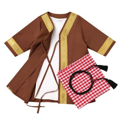 ABEWIP Newborn Baby Boy Muslim Abaya Sets Outfits Black Gold Kaftan White T Shirt Red Turban Arabic Dubai Outfits Coffee 3-6M