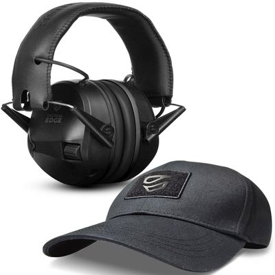 TradeSmart Black TacticalEdge Active Noise Cancelling Earmuffs, ANSI Certified NRR 24 with 5x Sound Amplification + Black Tactical Hat