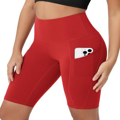 ODODOS 10" Tummy Control Biker Shorts for Women with Pockets High Waist Athletic Workout Yoga Shorts, Red, Small