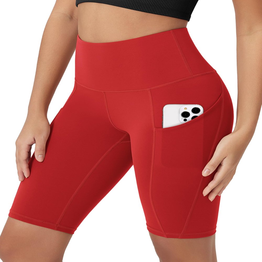 ODODOS 10" Tummy Control Biker Shorts for Women with Pockets High Waist Athletic Workout Yoga Shorts, Red, Small