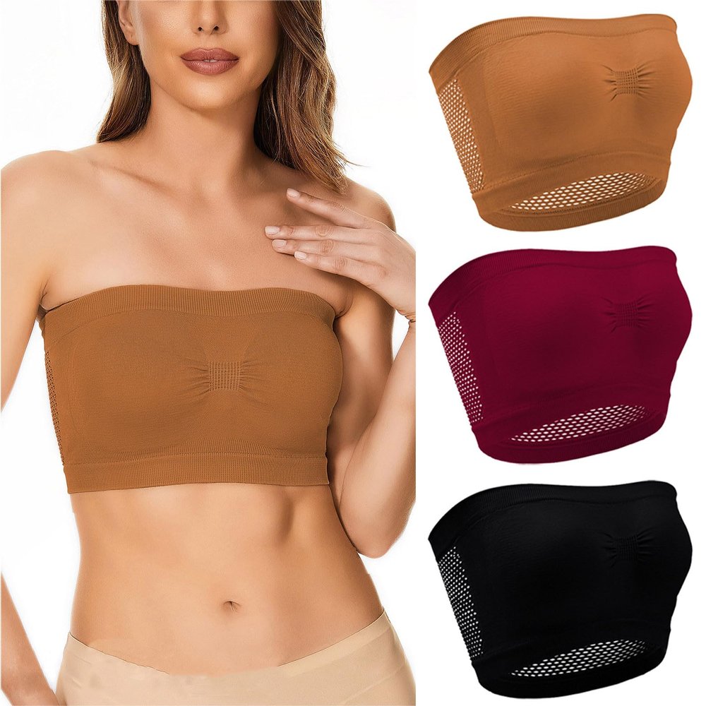 Generic 3PC Womens Bandeau Bras Stretchy Seamless Comfort Breathable Gathering Bra Underwear Strapless Tube Top Bralettes 3PC-Style002Wine Medium