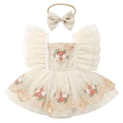 IBTOM CASTLE Toddler Baby Girl Birthday Dress: Princess Fairy Flutter Sleeve Floral Embroidery Ruffle Tulle Tutu Romper Dress with Bowknot Headband 2PCS Baptism Wedding Dress Apricot 3-6 Months