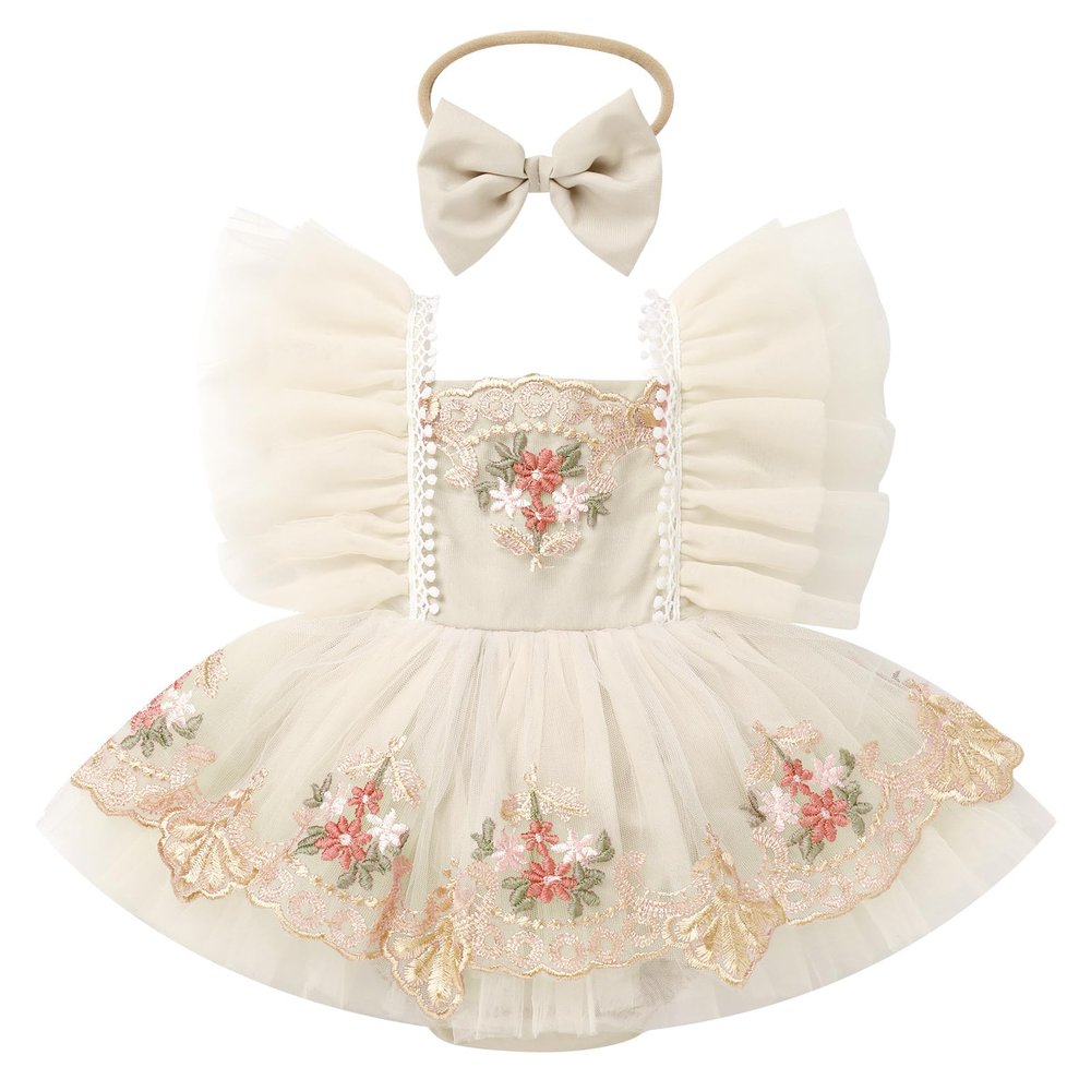 IBTOM CASTLE Toddler Baby Girl Birthday Dress: Princess Fairy Flutter Sleeve Floral Embroidery Ruffle Tulle Tutu Romper Dress with Bowknot Headband 2PCS Baptism Wedding Dress Apricot 3-6 Months