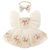 IBTOM CASTLE Toddler Baby Girl Birthday Dress: Princess Fairy Flutter Sleeve Floral Embroidery Ruffle Tulle Tutu Romper Dress with Bowknot Headband 2PCS Baptism Wedding Dress Apricot 3-6 Months view 1
