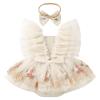 IBTOM CASTLE Toddler Baby Girl Birthday Dress: Princess Fairy Flutter Sleeve Floral Embroidery Ruffle Tulle Tutu Romper Dress with Bowknot Headband 2PCS Baptism Wedding Dress Apricot 3-6 Months view 2