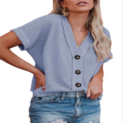 Dokotoo Cropped Cardigan for Womens Fashion 2024 Short Sleeve Button Down Tops Ladies Casual Waffle Knit Blouse V Neck Solid Color Tunic Sky Blue Tops Large