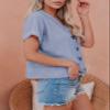 Dokotoo Cropped Cardigan for Womens Fashion 2024 Short Sleeve Button Down Tops Ladies Casual Waffle Knit Blouse V Neck Solid Color Tunic Sky Blue Tops Large view 3