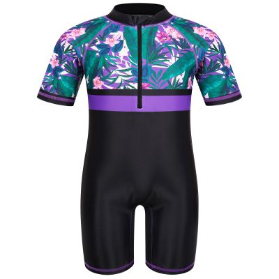 TFJH E One Piece Girls Bathing Suits UPF 50+ Swimsuits Short Sleeve Swimming Costume 461 Purple Flower Short 4A