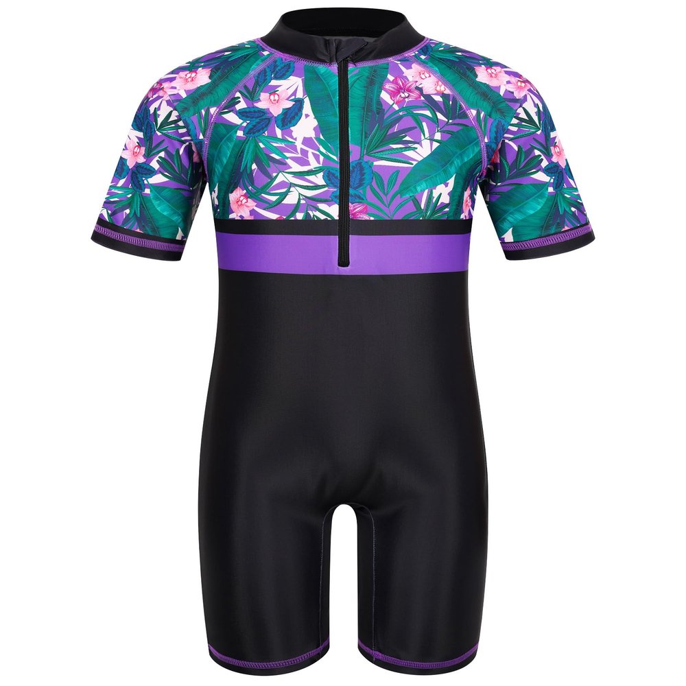 TFJH E One Piece Girls Bathing Suits UPF 50+ Swimsuits Short Sleeve Swimming Costume 461 Purple Flower Short 4A