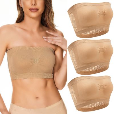 Generic 3PC Womens Bandeau Bras Stretchy Seamless Comfort Breathable Gathering Bra Underwear Strapless Tube Top Bralettes 3PC-Style001Beige Medium