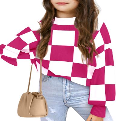 Girls Sweaters Kids Fashion Plaid Mock Neck Pullover Sweater Tops 5-14 Years Hot Pink