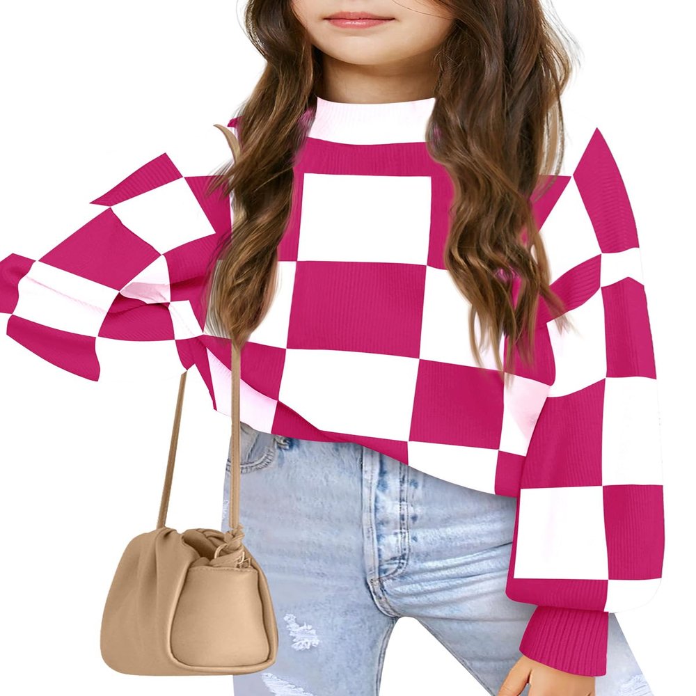 Girls Sweaters Kids Fashion Plaid Mock Neck Pullover Sweater Tops 5-14 Years Hot Pink