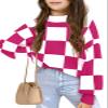 Girls Sweaters Kids Fashion Plaid Mock Neck Pullover Sweater Tops 5-14 Years Hot Pink view 1
