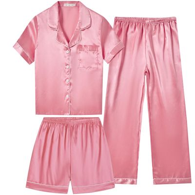 Vopmocld Satin Pajama Sets Unisex Boys and Girls Silk Button Down Short Sleeve & Shorts & Pants Sleepwear 3PCS Loungewear PJS, Watermelon, 10
