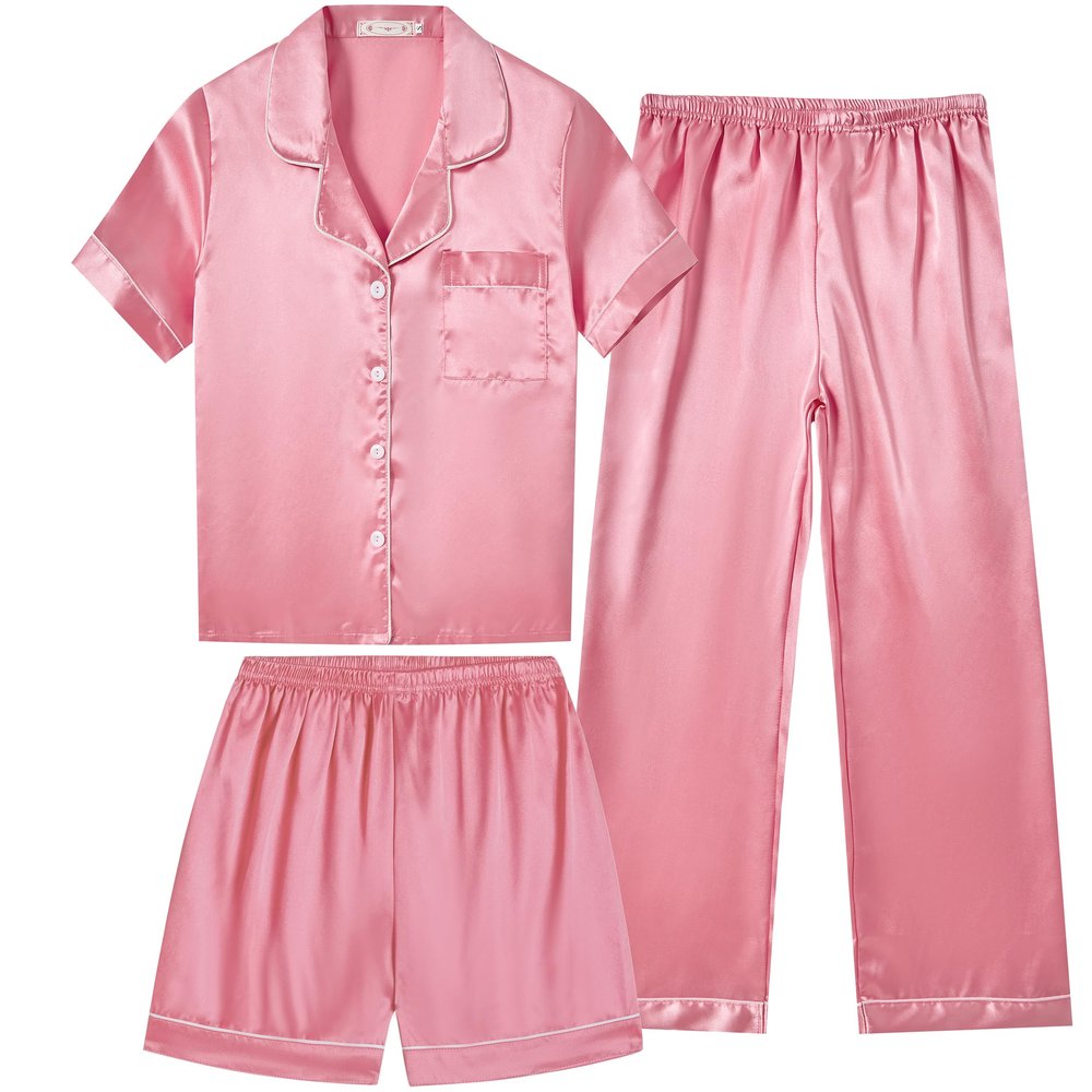 Vopmocld Satin Pajama Sets Unisex Boys and Girls Silk Button Down Short Sleeve & Shorts & Pants Sleepwear 3PCS Loungewear PJS, Watermelon, 10