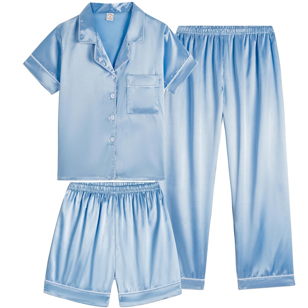 Vopmocld Satin Pajama Sets Unisex Boys and Girls Silk Button Down Short Sleeve & Shorts & Pants Sleepwear 3PCS Loungewear PJS, Sky Blue, 10